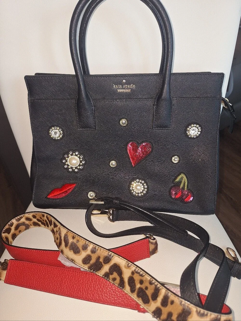 Kate Spade Black Leather & Embellished Applique Satchel w/ 2 Straps EUC